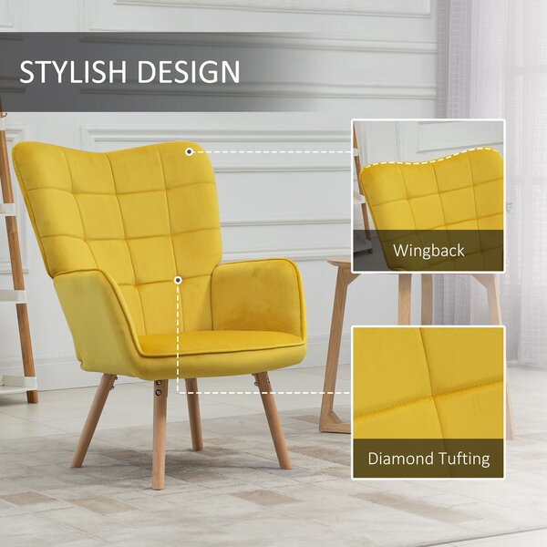 HOMCOM Modern Accent Chair Velvet-Touch Tufted Wingback Armchair Upholstered Leisure Lounge Sofa w/ Wood Legs, Set of 2, Yellow Aosom UK