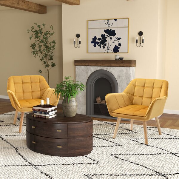 HOMCOM Accent Armchair Duo: Plush Padded Seating with Slanted Back, Iron Frame & Wooden Legs, Sunshine Yellow Aosom UK