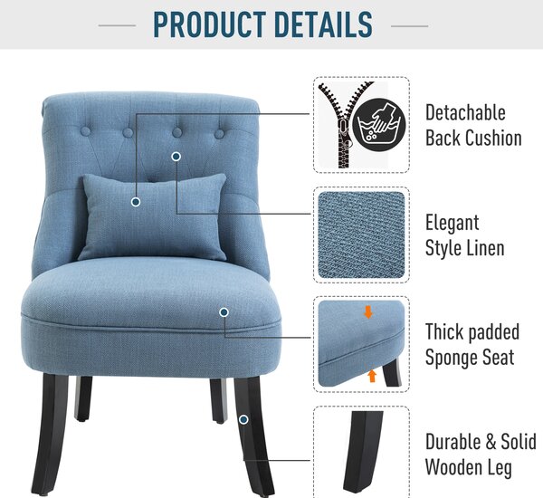 HOMCOM Fabric Single Sofa Dining Chair Tub Chair Upholstered W/ Pillow Solid Wood Leg Home Living Room Furniture Set of 2 Blue