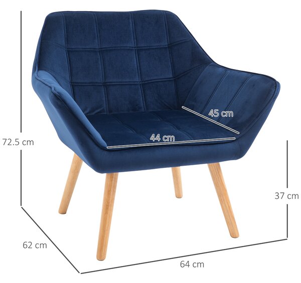 HOMCOM Armchair Accent Chair Wide Arms Slanted Back Padding Iron Frame Wooden Legs Home Bedroom Furniture Seating Set of 2 Blue Aosom UK