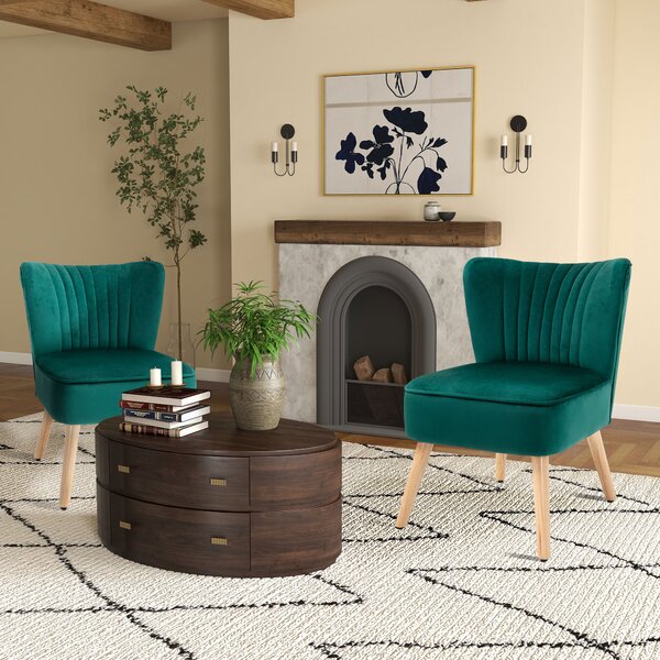 HOMCOM Velvet Accent Chair Occasional Tub Seat Padding Curved Back with Wood Frame Legs Home Furniture Set of 2 Green Aosom UK