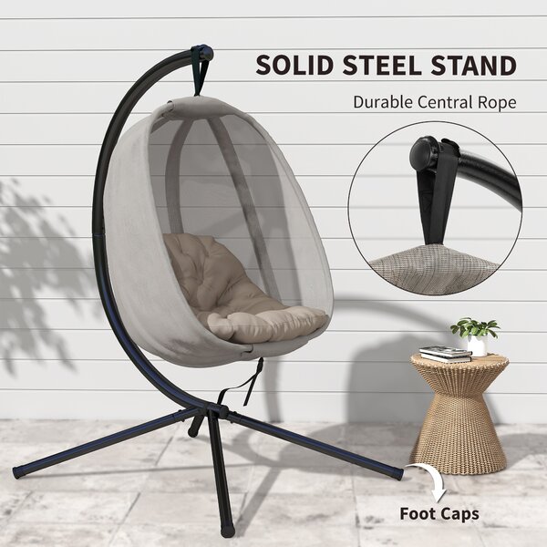 Outsunny Hanging Egg Chair, Folding Swing Hammock with Cushion and Stand for Indoor Outdoor, Patio Garden Furniture, Khaki