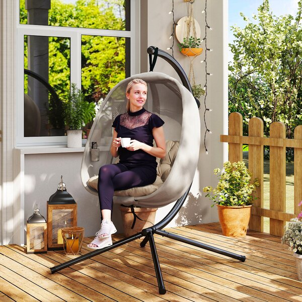 Outsunny Hanging Egg Chair, Folding Swing Hammock with Cushion and Stand for Indoor Outdoor, Patio Garden Furniture, Khaki