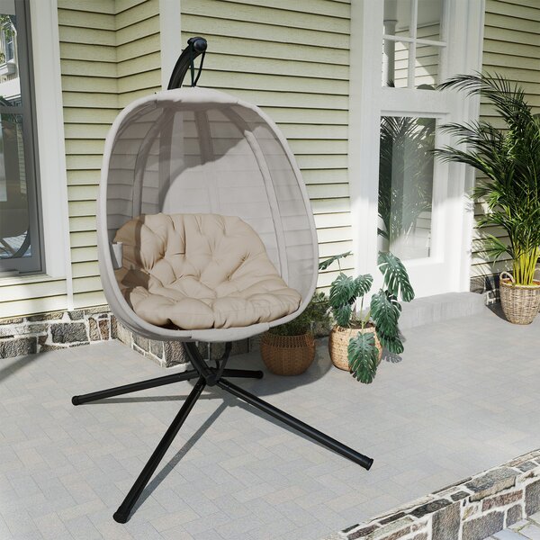 Outsunny Hanging Egg Chair, Folding Swing Hammock with Cushion and Stand for Indoor Outdoor, Patio Garden Furniture, Khaki