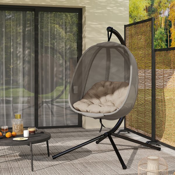 Outsunny Hanging Egg Chair, Folding Swing Hammock with Cushion and Stand for Indoor Outdoor, Patio Garden Furniture, Khaki