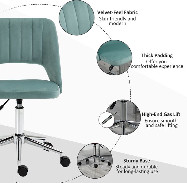 Vinsetto Mid Back Home Office Chair, Velvet Fabric, Swivel Scallop Shape, Makeup Chair, Computer Desk Chair for Home Study, Bedroom, Green Aosom UK