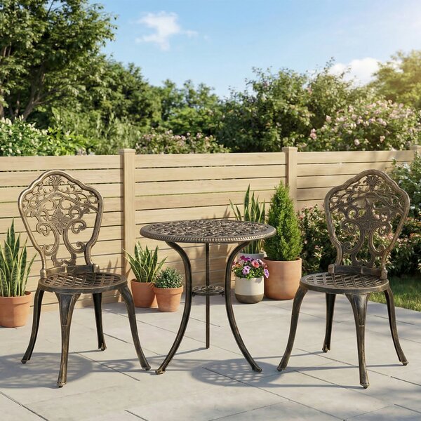 Outsunny 3 Piece Cast Aluminium Garden Bistro Set for 2 with Parasol Hole, Outdoor Coffee Table Set, Two Armless Chairs and Round Coffee Table