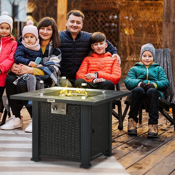 Outsunny Rattan Gas Fire Pit Table, Marble Top Patio Heater w/ Windscreen & Rain Cover, Outdoor Garden Centrepiece Aosom UK