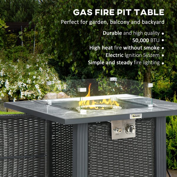 Outsunny Rattan Gas Fire Pit Table, Marble Top Patio Heater w/ Windscreen & Rain Cover, Outdoor Garden Centrepiece Aosom UK