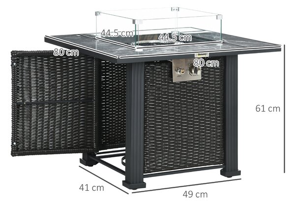 Outsunny Rattan Gas Fire Pit Table, Marble Top Patio Heater w/ Windscreen & Rain Cover, Outdoor Garden Centrepiece Aosom UK