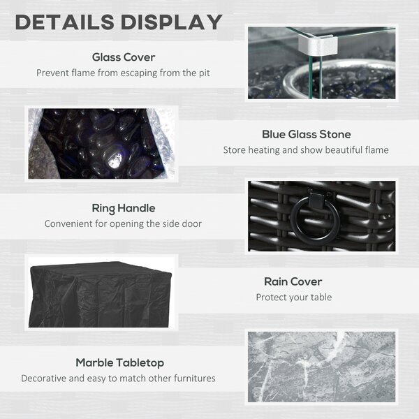 Outsunny Rattan Gas Fire Pit Table, Marble Top Patio Heater w/ Windscreen & Rain Cover, Outdoor Garden Centrepiece Aosom UK