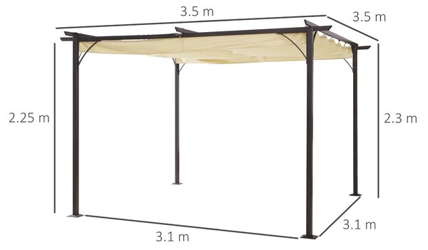 Outsunny 3.5M X 3.5M Metal Pergola Gazebo Awning Retractable Canopy Outdoor Garden Sun Shade Shelter Marquee Party BBQ, Beige