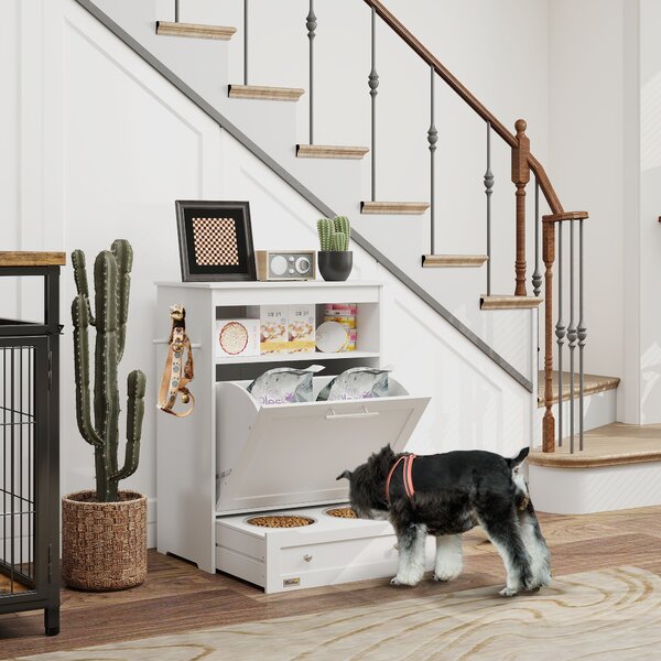 PawHut Pet Feeding Station with Storage, Elevated Dog Bowls & Hanger, Food Container Cabinet, White