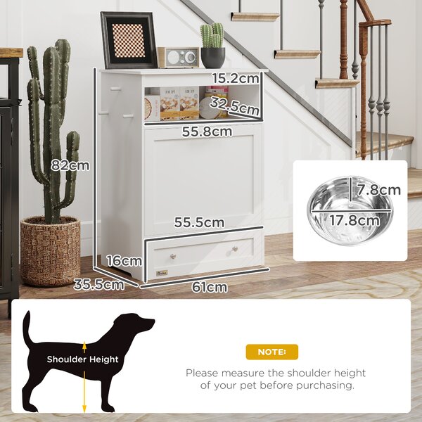PawHut Pet Feeding Station with Storage, Elevated Dog Bowls & Hanger, Food Container Cabinet, White