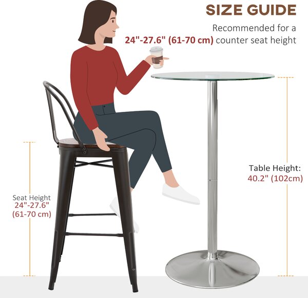 HOMCOM High Top Bar Table, Round Kitchen Table with Tempered Glass Top and Steel Base, Bistro Table for 2 People, Clear Aosom UK