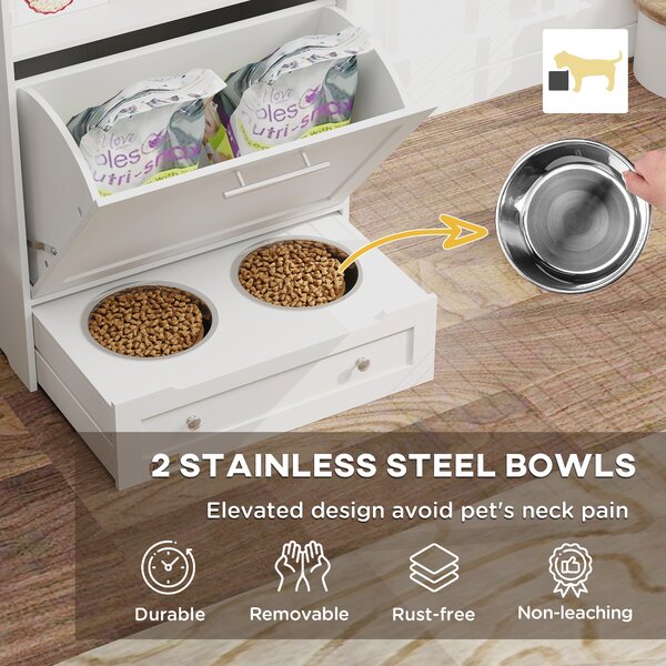 PawHut Pet Feeding Station with Storage, Elevated Dog Bowls & Hanger, Food Container Cabinet, White