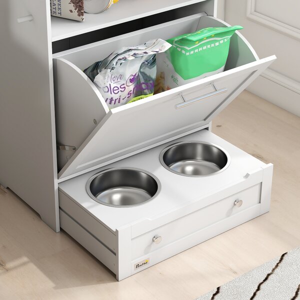 PawHut Pet Feeding Station with Storage, Elevated Dog Bowls & Hanger, Food Container Cabinet, White