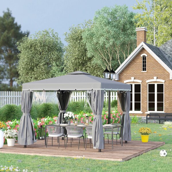 Outsunny 3 x 3m Curtained Gazebo, Outdoor Pergola with Water Repellent Roof, Curtains and Mosquito Netting, Dark Grey Aosom UK