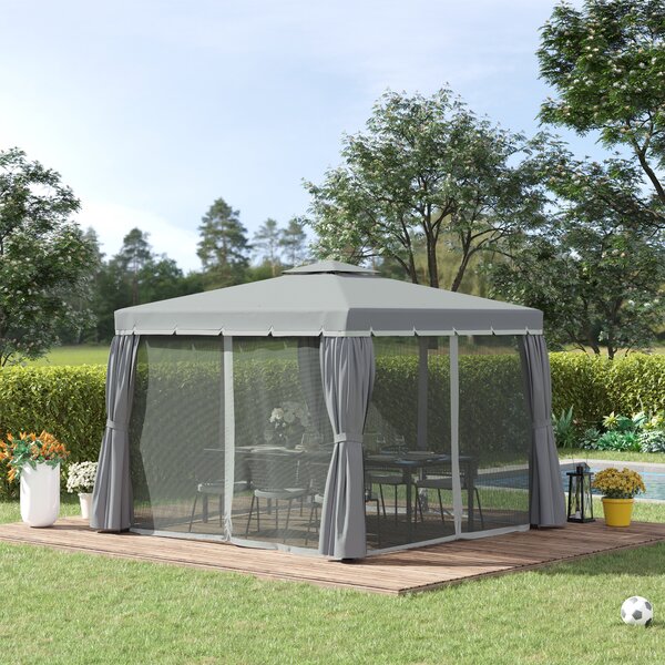 Outsunny 3 x 3m Curtained Gazebo, Outdoor Pergola with Water Repellent Roof, Curtains and Mosquito Netting, Dark Grey Aosom UK