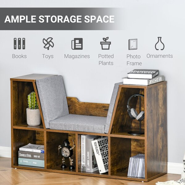 HOMCOM Bookcase Shelf Storage Seat with Cushion Sideboard Kids Children Reading Bedroom Living Room Organizer Rustic Brown Aosom UK