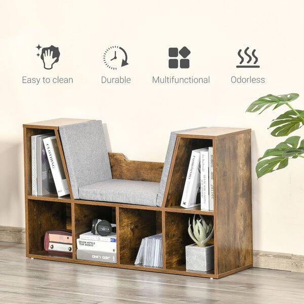 HOMCOM Bookcase Shelf Storage Seat with Cushion Sideboard Kids Children Reading Bedroom Living Room Organizer Rustic Brown Aosom UK