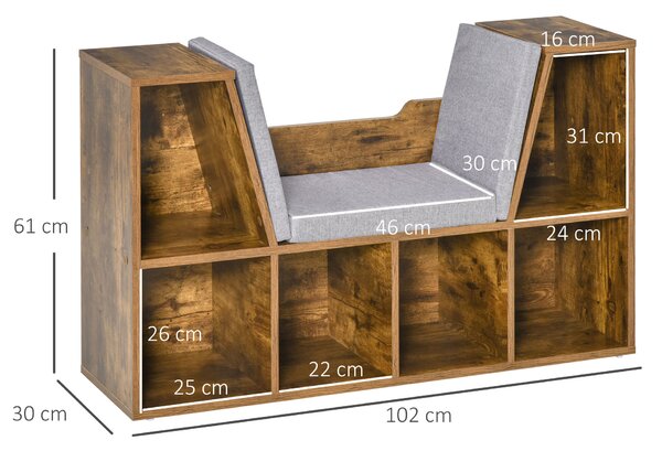HOMCOM Bookcase Shelf Storage Seat with Cushion Sideboard Kids Children Reading Bedroom Living Room Organizer Rustic Brown Aosom UK