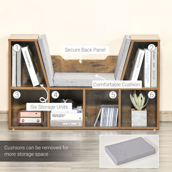 HOMCOM Bookcase Shelf Storage Seat with Cushion Sideboard Kids Children Reading Bedroom Living Room Organizer Rustic Brown Aosom UK