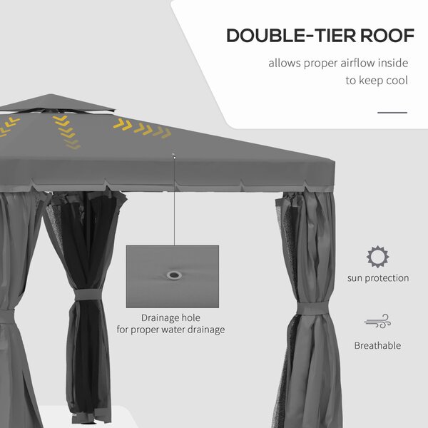 Outsunny 3 x 3m Curtained Gazebo, Outdoor Pergola with Water Repellent Roof, Curtains and Mosquito Netting, Dark Grey Aosom UK