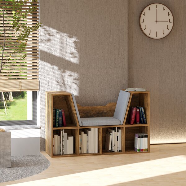 HOMCOM Bookcase Shelf Storage Seat with Cushion Sideboard Kids Children Reading Bedroom Living Room Organizer Rustic Brown Aosom UK