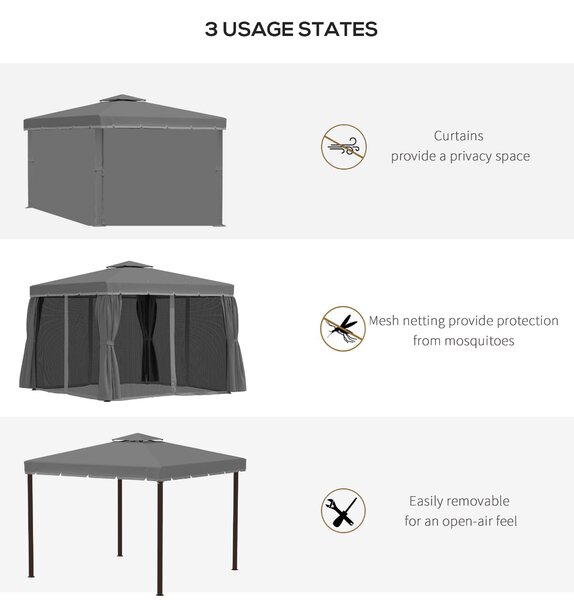 Outsunny 3 x 3m Curtained Gazebo, Outdoor Pergola with Water Repellent Roof, Curtains and Mosquito Netting, Dark Grey Aosom UK