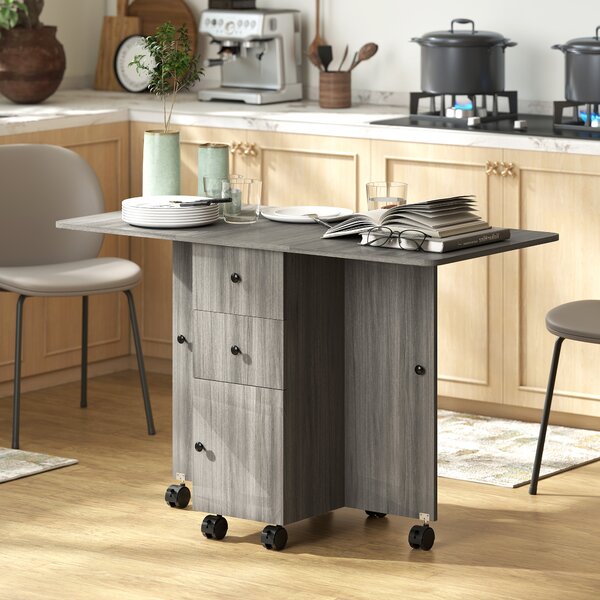 HOMCOM Folding Dining Table for 4-6, Rolling Drop Leaf Table with Storage Drawers, Cabinet and Open Shelf, Extendable Kitchen Table on Wheels, Grey