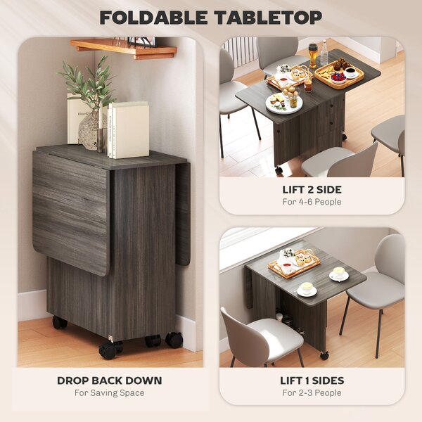 HOMCOM Folding Dining Table for 4-6, Rolling Drop Leaf Table with Storage Drawers, Cabinet and Open Shelf, Extendable Kitchen Table on Wheels, Grey