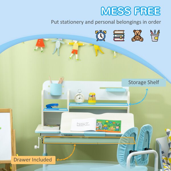 HOMCOM Kids Desk and Chair Set, Height Adjustable School Desk & Chair Set w/ Shelves, Washable Cover, Anti-Slip Mat, Kids Aged 3-12, Blue Aosom UK