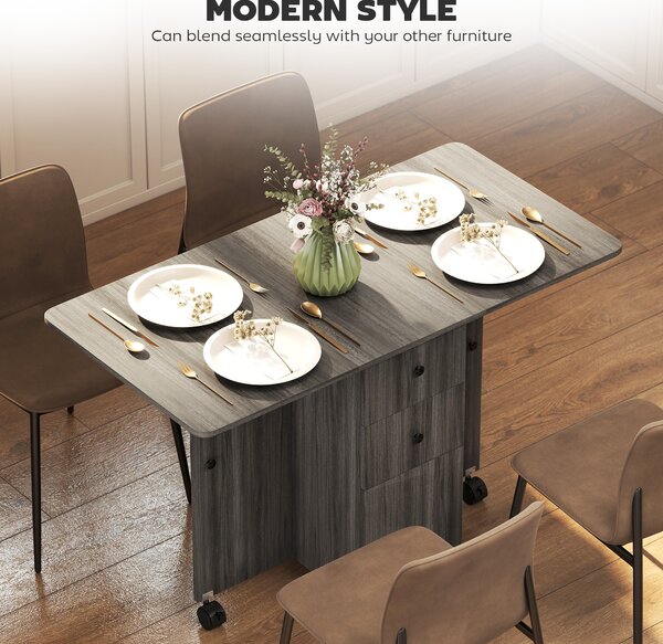 HOMCOM Folding Dining Table for 4-6, Rolling Drop Leaf Table with Storage Drawers, Cabinet and Open Shelf, Extendable Kitchen Table on Wheels, Grey