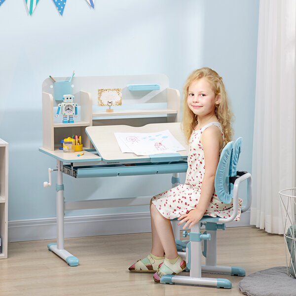 HOMCOM Kids Desk and Chair Set, Height Adjustable School Desk & Chair Set w/ Shelves, Washable Cover, Anti-Slip Mat, Kids Aged 3-12, Blue Aosom UK