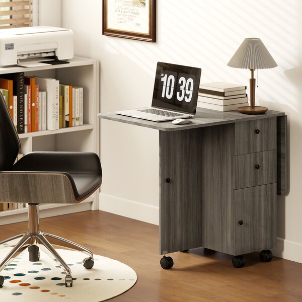 HOMCOM Folding Dining Table for 4-6, Rolling Drop Leaf Table with Storage Drawers, Cabinet and Open Shelf, Extendable Kitchen Table on Wheels, Grey