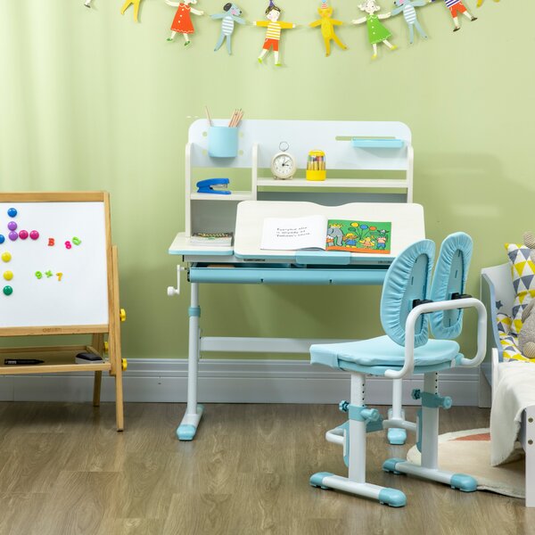 HOMCOM Kids Desk and Chair Set, Height Adjustable School Desk & Chair Set w/ Shelves, Washable Cover, Anti-Slip Mat, Kids Aged 3-12, Blue Aosom UK