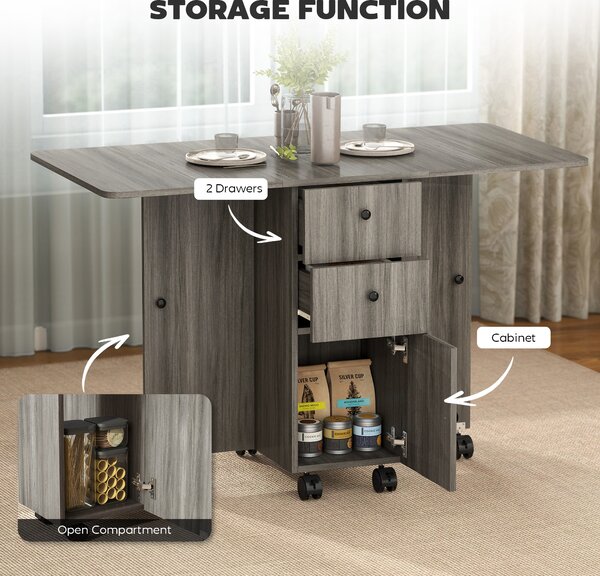 HOMCOM Folding Dining Table for 4-6, Rolling Drop Leaf Table with Storage Drawers, Cabinet and Open Shelf, Extendable Kitchen Table on Wheels, Grey