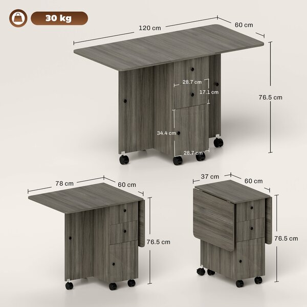 HOMCOM Folding Dining Table for 4-6, Rolling Drop Leaf Table with Storage Drawers, Cabinet and Open Shelf, Extendable Kitchen Table on Wheels, Grey