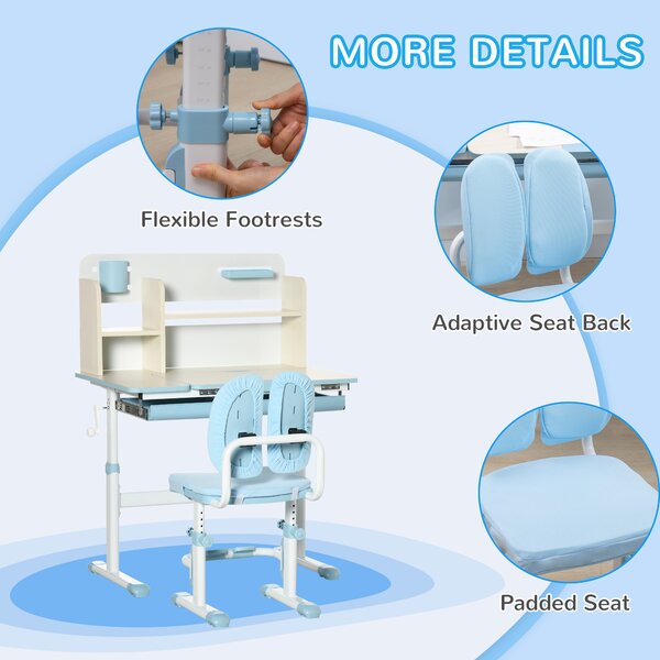 HOMCOM Kids Desk and Chair Set, Height Adjustable School Desk & Chair Set w/ Shelves, Washable Cover, Anti-Slip Mat, Kids Aged 3-12, Blue Aosom UK