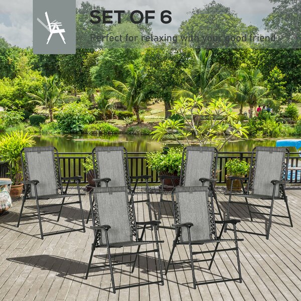 Outsunny Set of 6 Patio Folding Chair Set, Garden Portable Chairs w/ Armrest, Breathable Mesh Fabric Seat, Backrest, for Camping, Grey Aosom UK