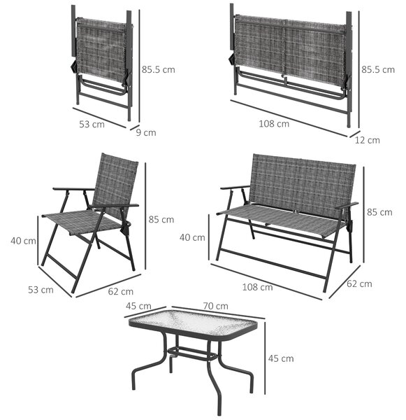 Outsunny 4 Pcs Patio Furniture Set w/ Breathable Mesh Fabric Seat, Backrest, Garden Set w/ Armchairs, Loveseat, Glass Top, Mixed Grey Aosom UK