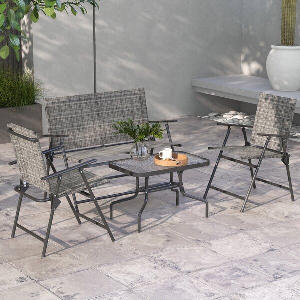 Outsunny 4 Pcs Patio Furniture Set w/ Breathable Mesh Fabric Seat, Backrest, Garden Set w/ Armchairs, Loveseat, Glass Top, Mixed Grey Aosom UK