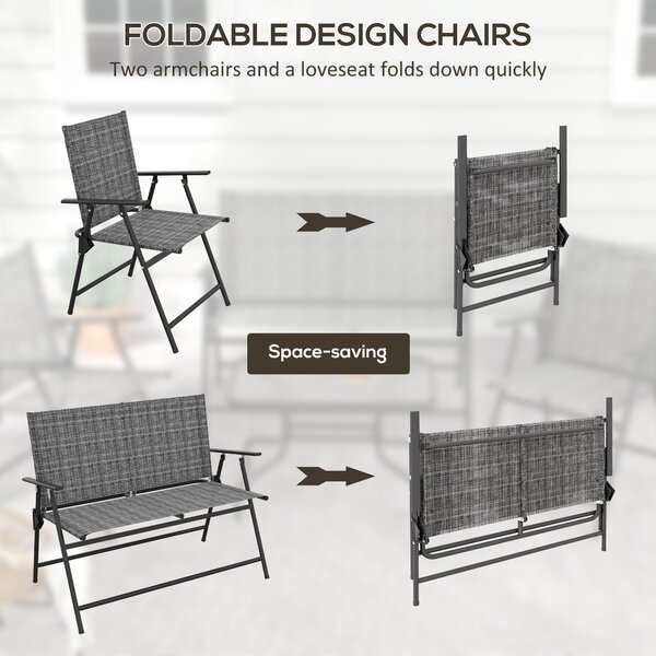 Outsunny 4 Pcs Patio Furniture Set w/ Breathable Mesh Fabric Seat, Backrest, Garden Set w/ Armchairs, Loveseat, Glass Top, Mixed Grey Aosom UK