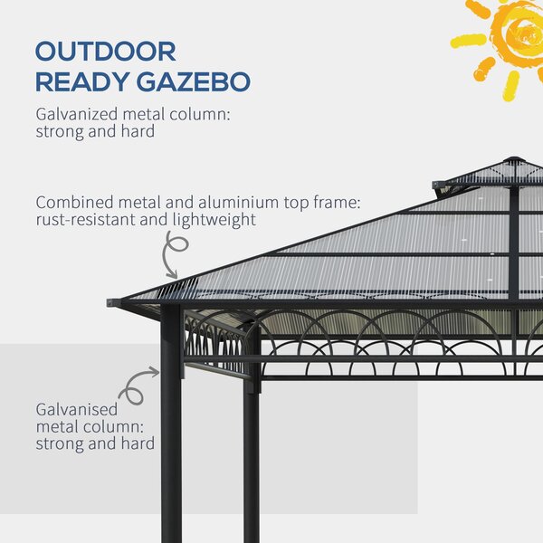 Outsunny 3x3m Hardtop Polycarbonate Garden Gazebo, All-Weather Galvanised Steel Frame Patio Shelter with Nets & Curtains Aosom UK