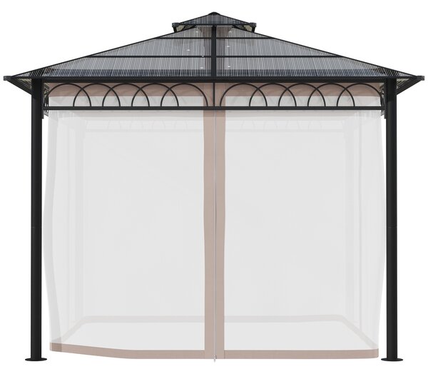 Outsunny 3x3m Hardtop Polycarbonate Garden Gazebo, All-Weather Galvanised Steel Frame Patio Shelter with Nets & Curtains Aosom UK