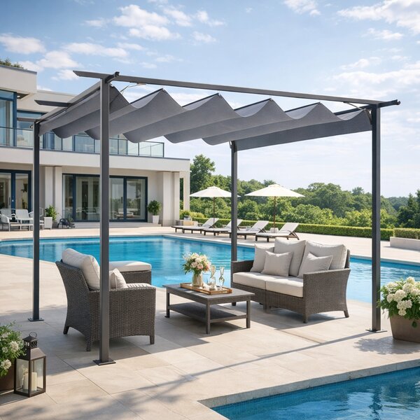 Outsunny 3.5m Sliding Metal Garden Pergola, Retractable Sun Shade Canopy Shelter for Outdoor Patio, BBQ & Parties, Grey Aosom UK
