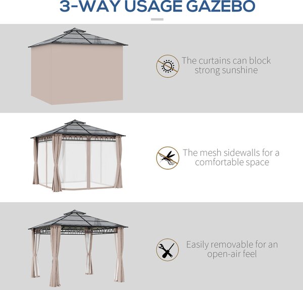 Outsunny 3x3m Hardtop Polycarbonate Garden Gazebo, All-Weather Galvanised Steel Frame Patio Shelter with Nets & Curtains Aosom UK