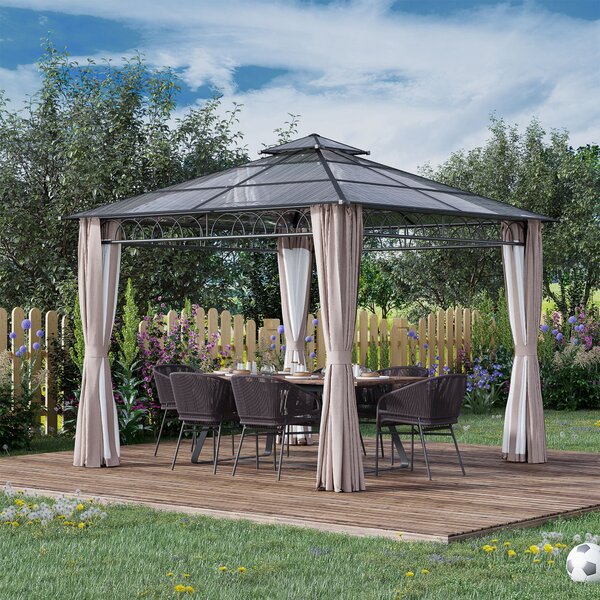 Outsunny 3x3m Hardtop Polycarbonate Garden Gazebo, All-Weather Galvanised Steel Frame Patio Shelter with Nets & Curtains Aosom UK