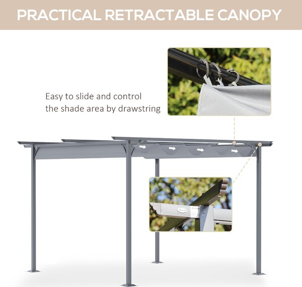 Outsunny 3.5m Sliding Metal Garden Pergola, Retractable Sun Shade Canopy Shelter for Outdoor Patio, BBQ & Parties, Grey Aosom UK